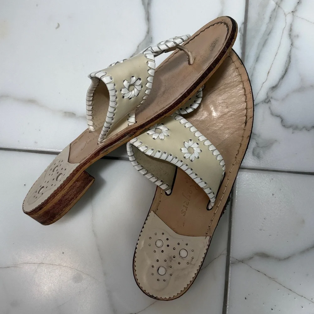 Jack Rogers Cream Leather Palm-Style Slide Sandals